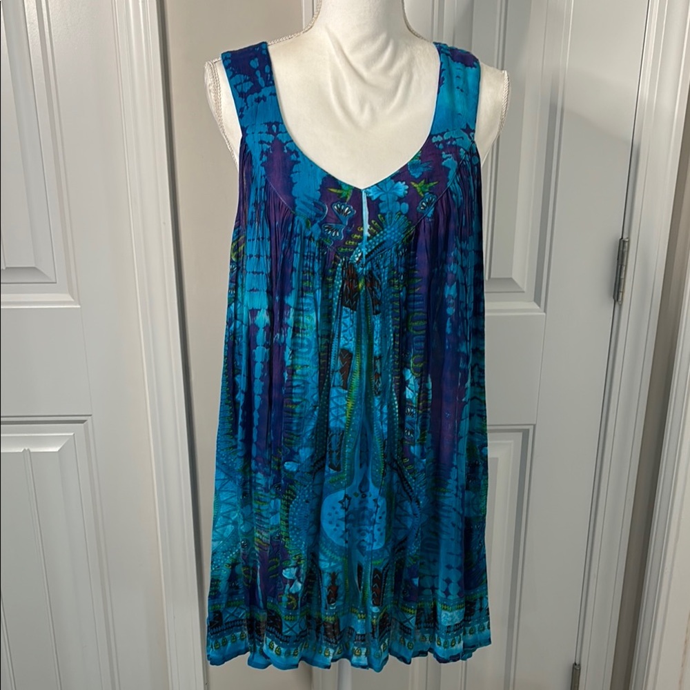 Greater Good Blue and Green Pleated Swim Coverup One Size